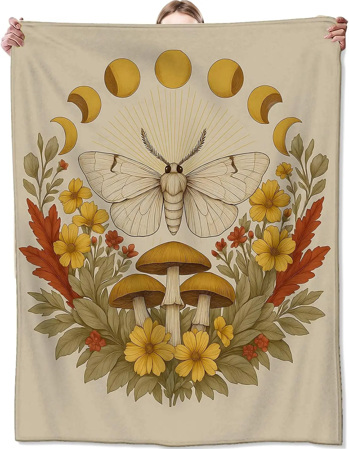 Moth blanket moon phases mushroom floral design soft throw boho decor bedroom textile mystical art cozy accessory