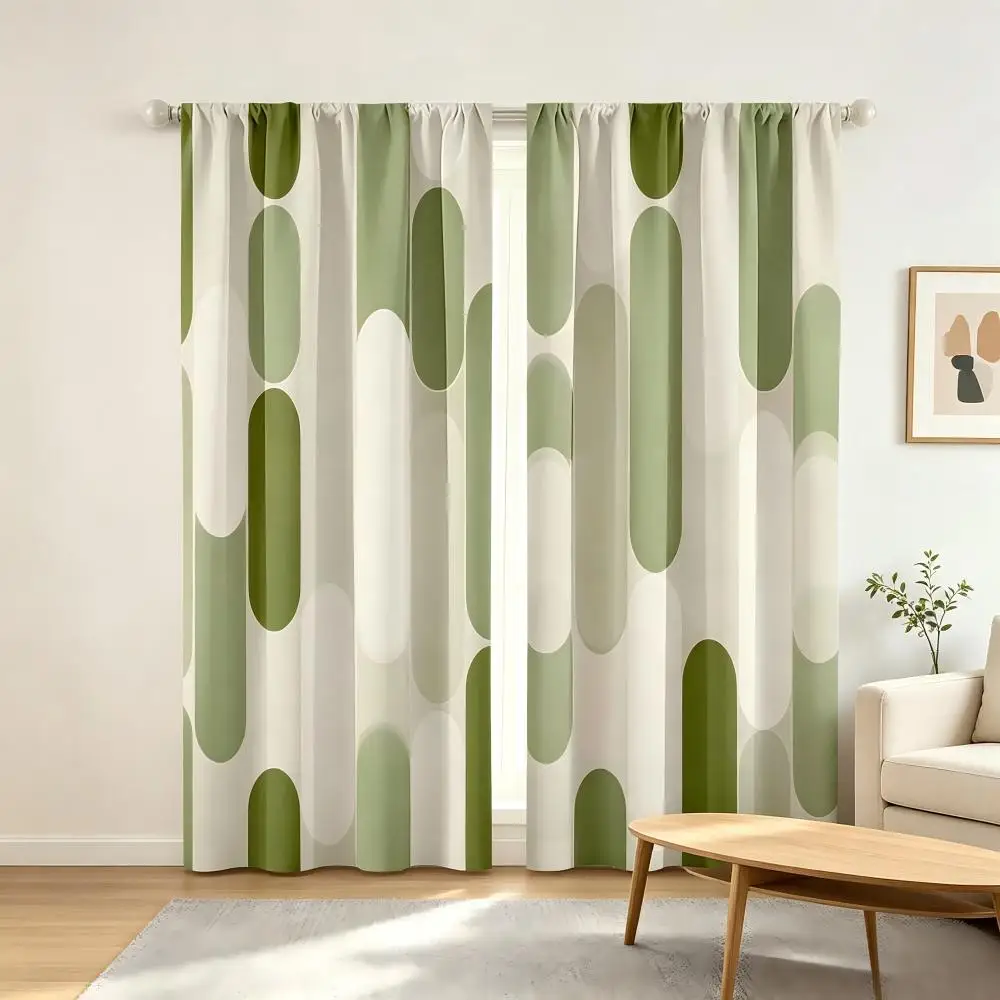 2PCS Abstract Curtains, Green Oval Geometric Minimalist, Digital Print, Bedroom Living Room, Rod Pocket Polyester, Home Decor