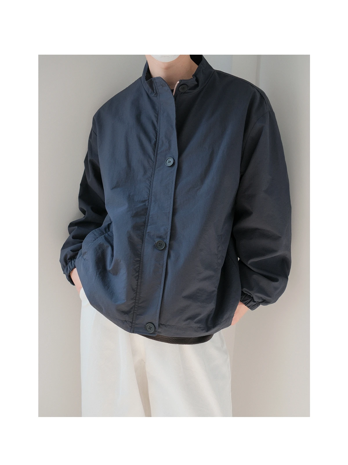 

Men's Autumn Soft ell Jaet Coat Wide Version Stand Collar Pure Color American Sle Haome Casual Faion Outerwear