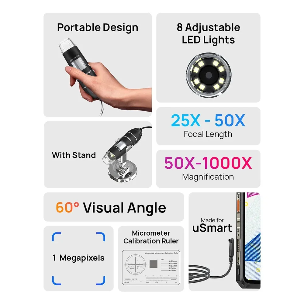 Ulefone 1000X Digital Microscope Camera 8 Adjustable LED Lights For Power Armor 19 & Power Armor 18T & Armor 16 Pro & Armor 13