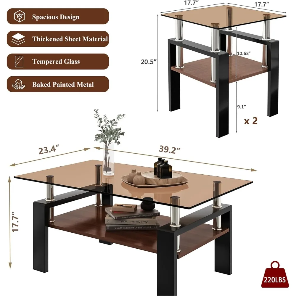 Glazen salontafelsets van 3 voor de woonkamer, moderne bijzettafels met opbergruimte, notenhouten planken en zwarte metalen poten