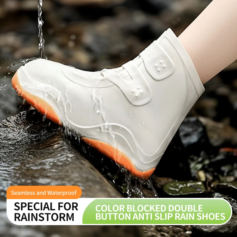 Double Buckle Color Block Rain Boots, Non-Slip Waterproof Knee High Boots for Heavy Rain, Men Women Outdoor Activities