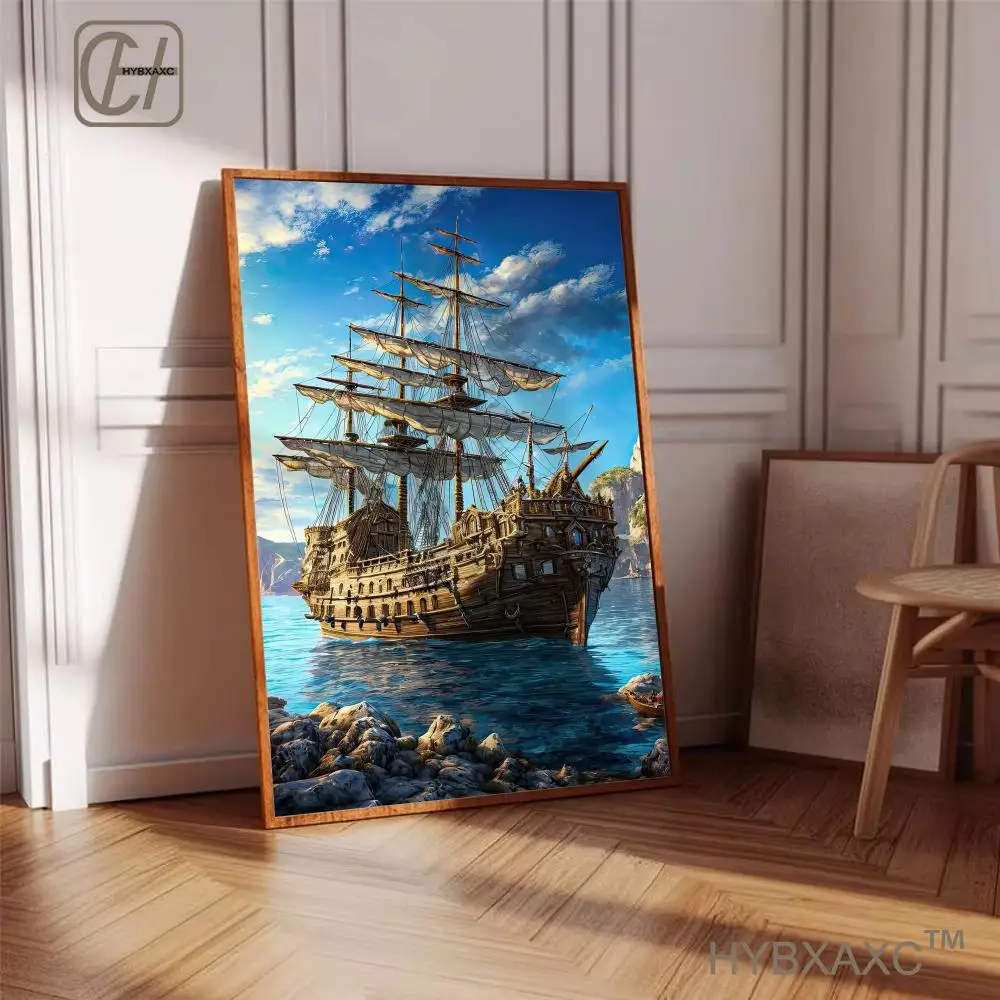 Pirate Ship Tapestry, Sailing Vessel by Tropical Island with Waterfall, Adventure Marine Wall Art for Living Room Bedroom