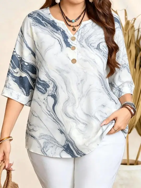 Women Marble Fluid Swirl Print Blouse Notched Neck 3/4 Sleeve Loose Fit For Curvy Figures Daily Casual Ladies Tops