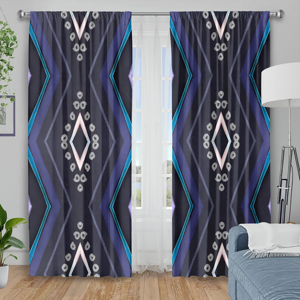Modern Geometric Pattern Curtains Window Drapery Set Navy Blue Gray Zigzag Stripes Home Decoration for Living Room Bedroom Style