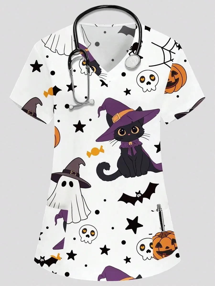 Summer New Women's Commuter Nurse Uniform Printed Women's V-neck Short Sleeve Surgical Gown Hospital Pet Shop Top