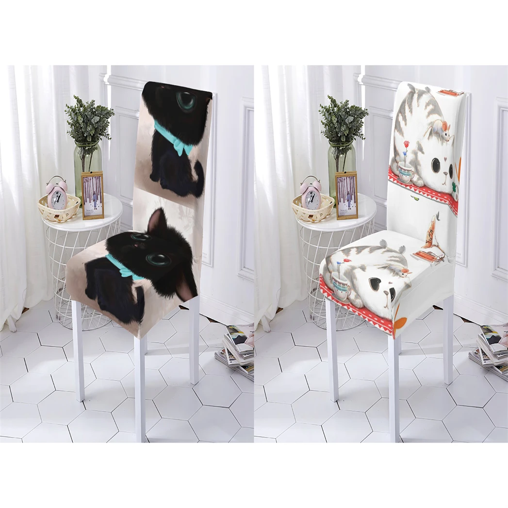 Animal Style Chairs Covers Stretch Chair Cover Cartoon Cat Pattern Elastic High Back Spande Chair Cover For Dining Room Kitchen