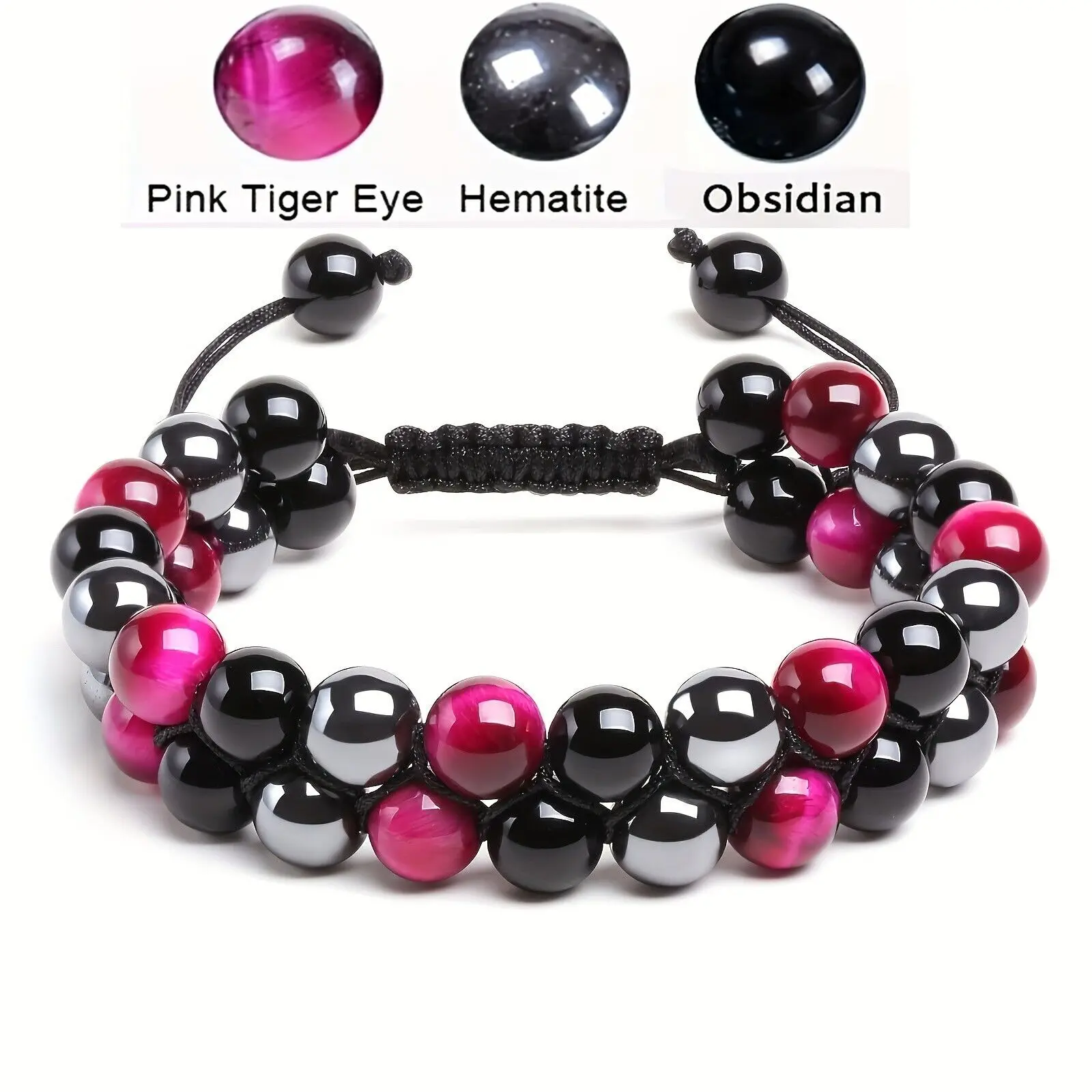 Double-Layer Natural Stone Bracelet Red Tiger Eye Obsidian Stone Bead Double Row Braided Bracelet for Men Casual Fashion Jewelry