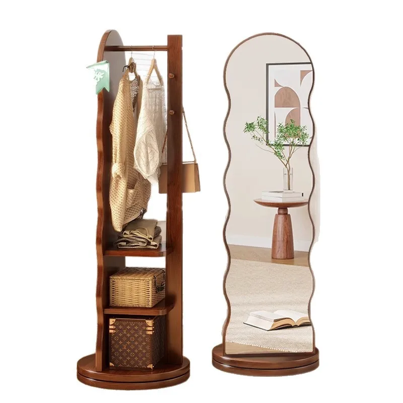 

Solid wood full body floor mirror household bedroom rotatable fitting mirror with clothes hanger integrated