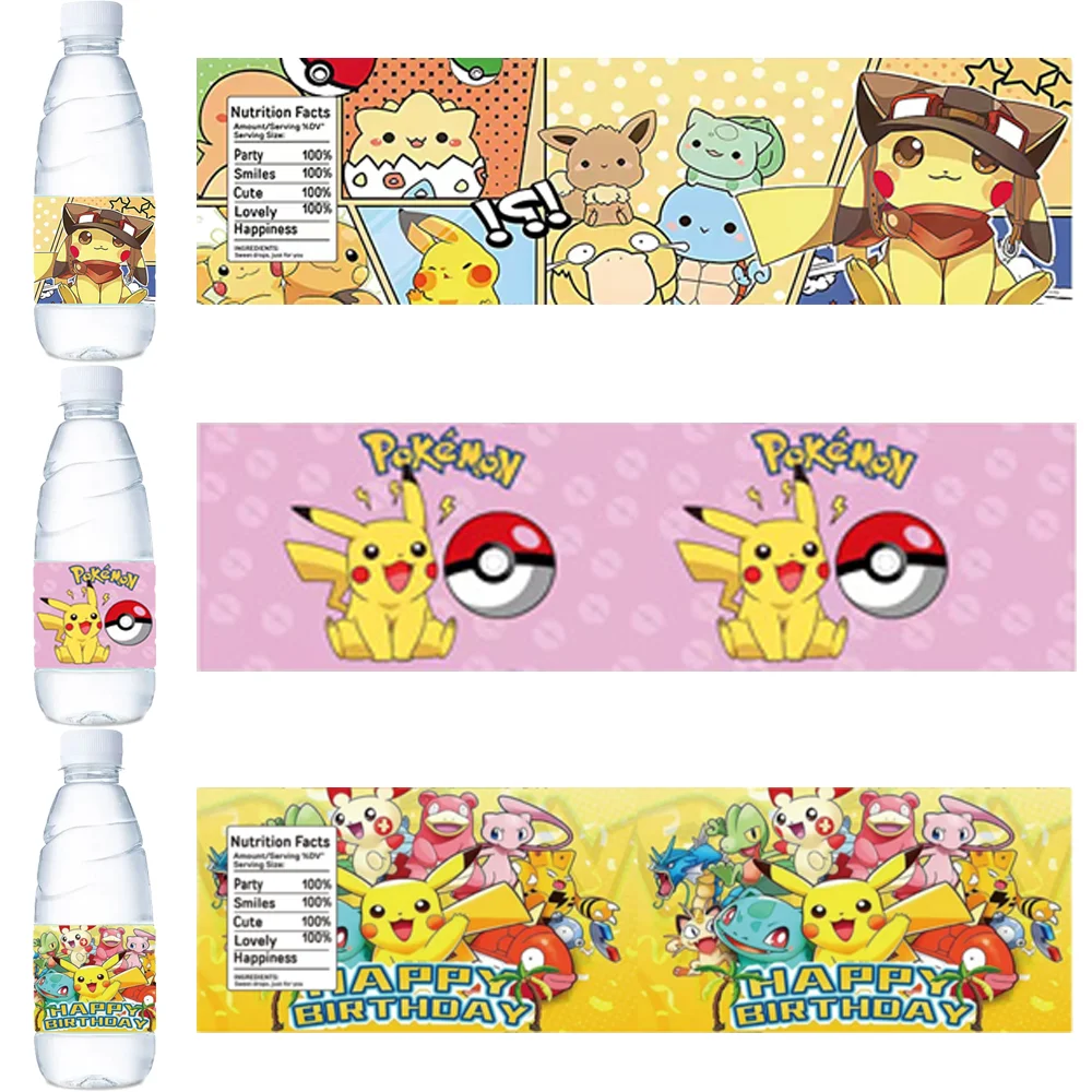 

Hot Pokemon Water Bottle Labels Birthday Decoration Pikachu Waterproof Cute Stickers Baby Shower Kids Gifts Party Supplies