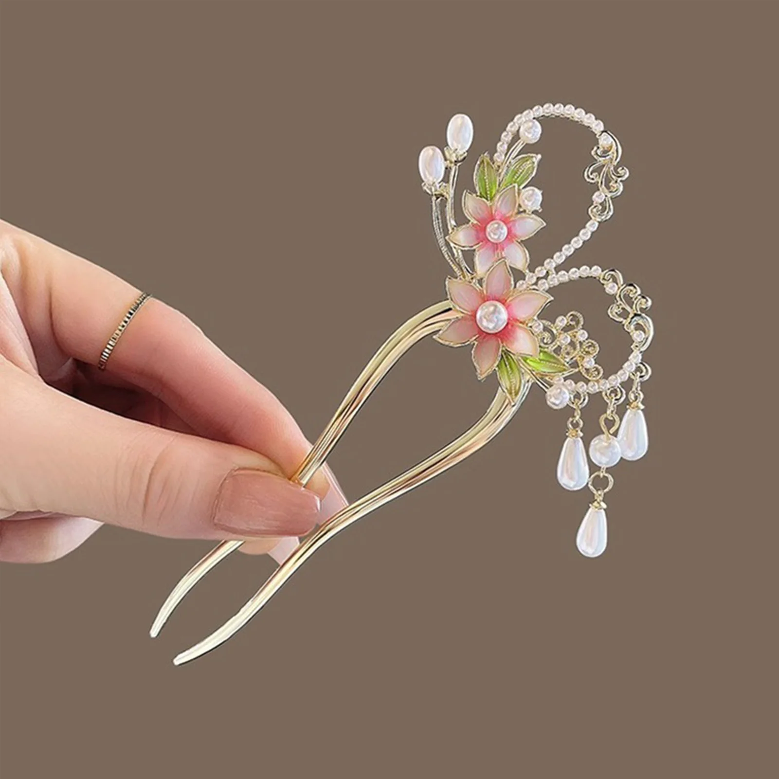 Elegante rosa Blume Haarnadel U-förmige Blumen Haarstäbchen Gabeln Perlen Kette Quaste Haarspangen Frau Mädchen Schritt schütteln Haarschmuck