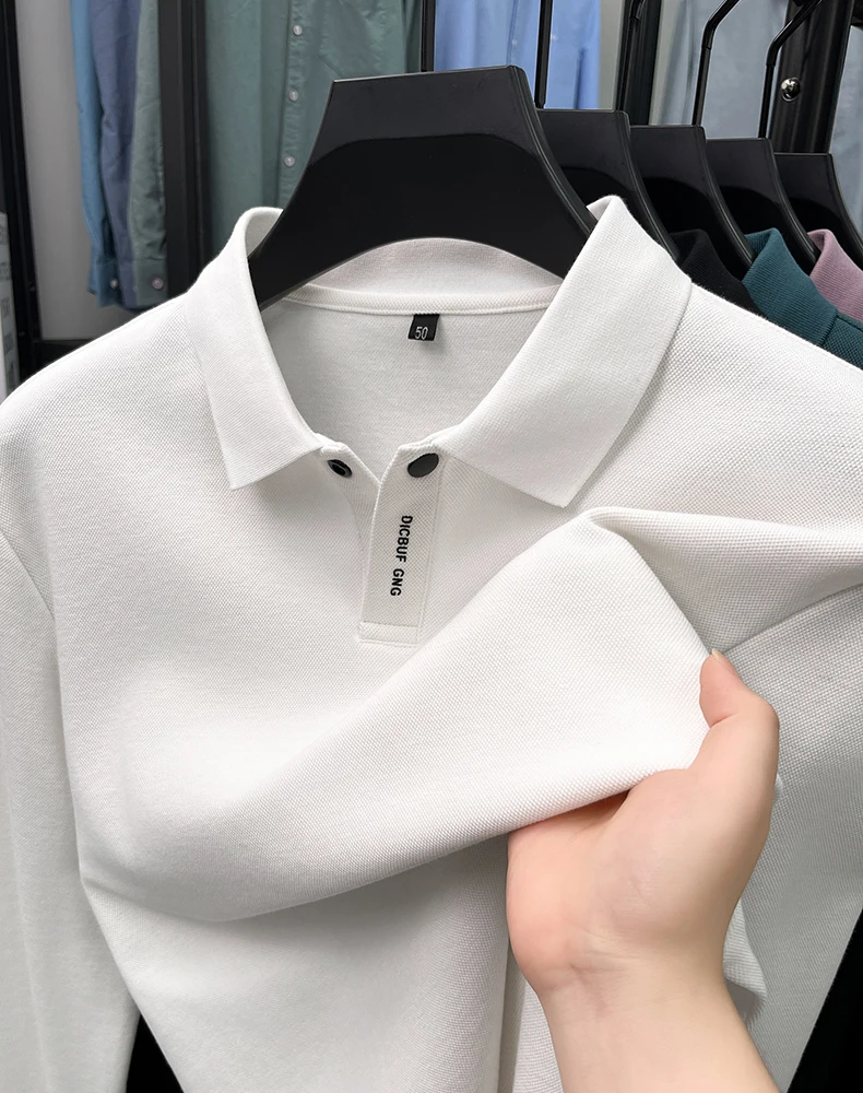 High end brand pure cotton polo shirt men's new long sleeve letter embroidery solid color casual personality snap lapel T-shirt