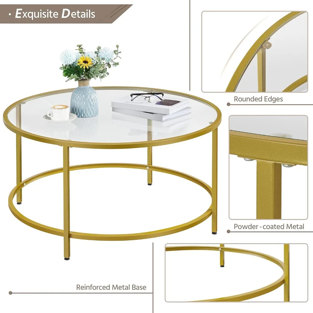 Tavolino da caffè moderno rotondo in vetro temperato trasparente da 36 pollici per soggiorno, tavolo centrale semplice ed elegante, ideale per piccoli spazi a