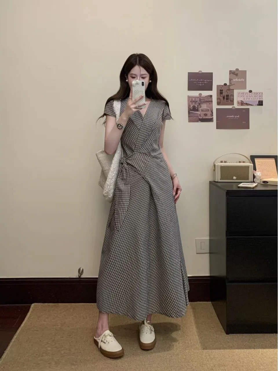 

plus Size Plaid Short Sleeve V-Neck Dress Summer New Waist Cinching Slimming Design Sense Tie Long Dress Korean Style A-Line ...