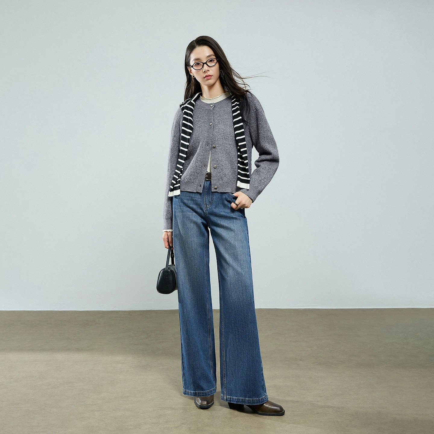 TOYOUTH Women Woolen Cardigan 2025 Autumn New Vintage Twisted Pattern Round Neck Tops Smoke Gray