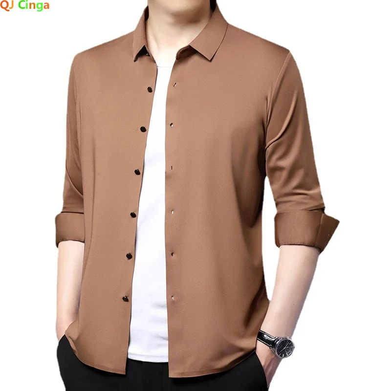 

Khaki Ice Silk Long Sleeve Shirt Men's Single Breasted Square Collar Shirts Red Blue Chemise Gray Black White Camisa M-4XL 5XL