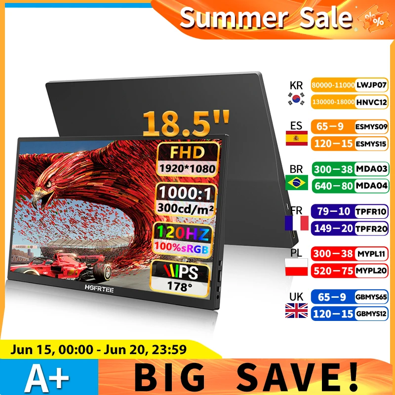 

HGFRTEE 18.5inch Portable Monitor 120Hz RGB100% With VESA Hole & Back bracket Laptop Extended Display ADS-IPS HDR Screen