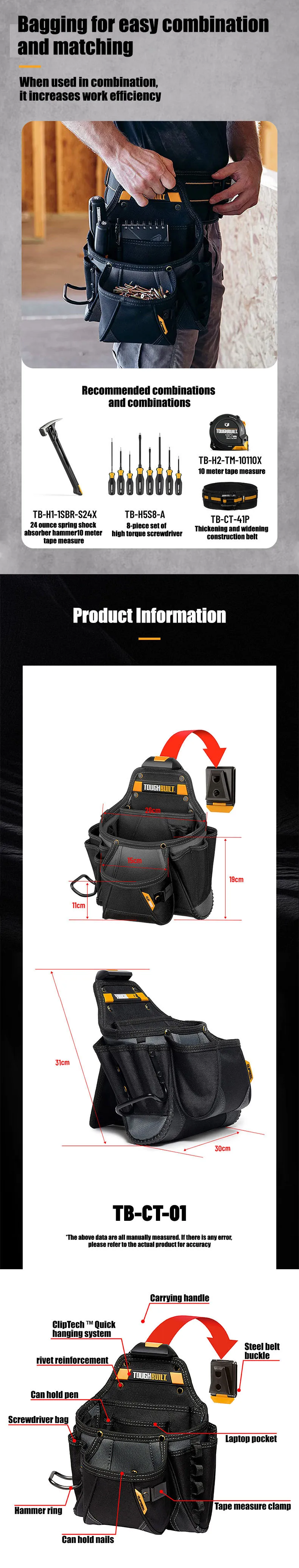 TOUGHBUILT Werkzeugtasche für Handwerker, großes Werkzeugset zum schnellen Aufhängen für Holzarbeiten, Werkzeugtasche mit großem Fassungsvermögen, TB-CT-01 – Detail 3