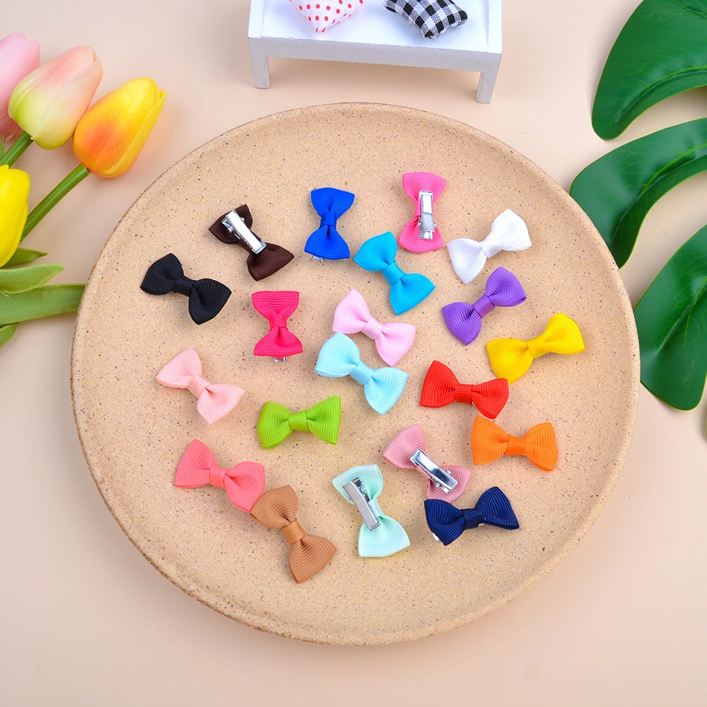 20pcs/lot Solid Color Mini Bows Hair Clips For Kids Girls Grosgrain Ribbon Boutique Hairpins Headwear Hair Accessories