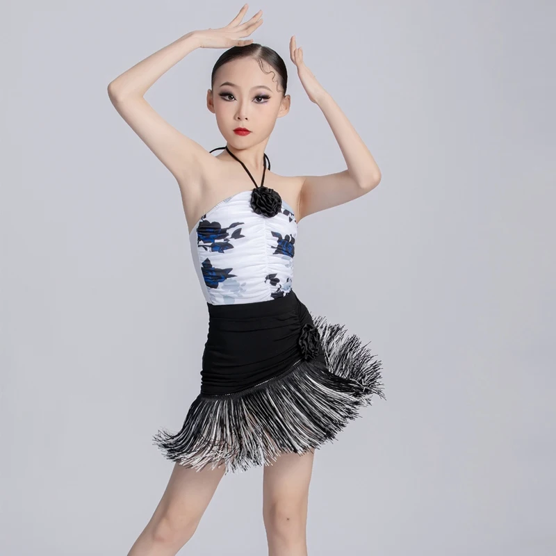 

Children'S Ballroom Dance Clothing Girls Halter Latin Top Fringed Skirts Kids Latin Dance Competition Practice Costumes SL10077