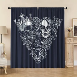 2PC Curtains With Terrifying Skulls, Angel And Demon Skulls, Equipped With Pole Pocket Curtains, Suitable For Kitchens, Cafes, l