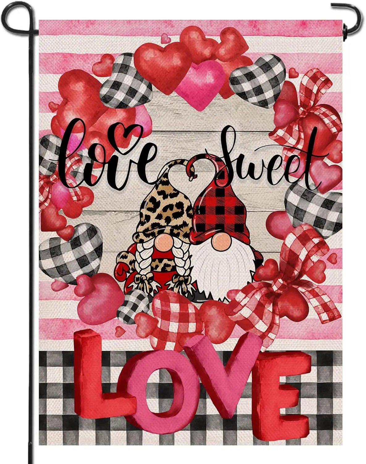 Artofy Love Sweet Love Heart Gnomes Home Decorative Garden Flag, Happy Valentine's Day House Yard Pink Red Stripe Buffalo Pl