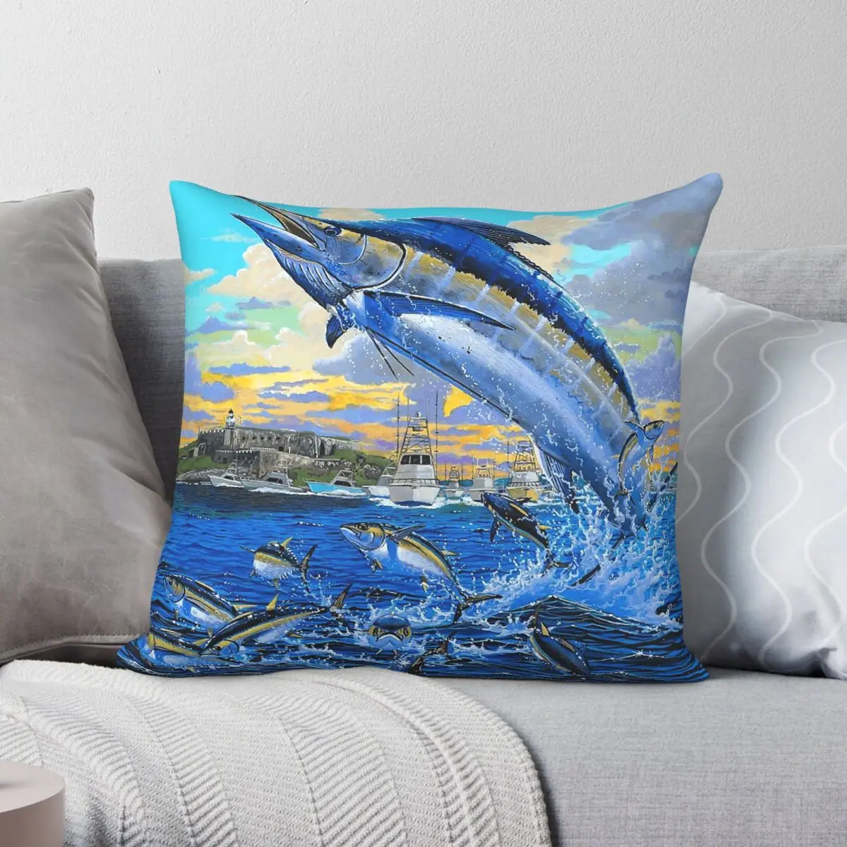 Puerto Rico Marlin Square Pillowcase Polyester Linen Velvet Printed Zip Decor Pillow Case Home Cushion Cover