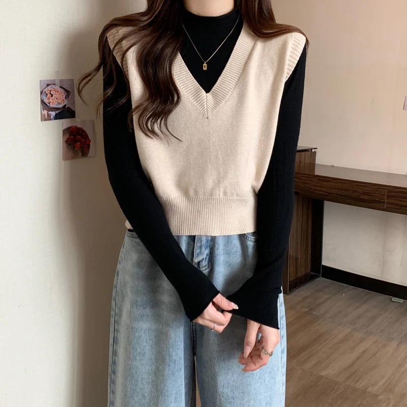 Gilet tricoté ample pour femmes, grande taille, vêtements d'intérieur v-ne, T-irt, haut d'automne, vêtements d'extérieur polyvalents