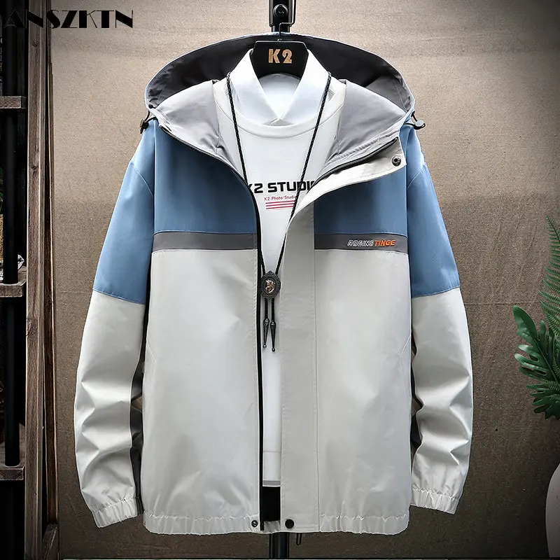 

ANSZKTN Autumn and winter spell color loose leisure contracted embroider hooded sweethearts coat male jacket