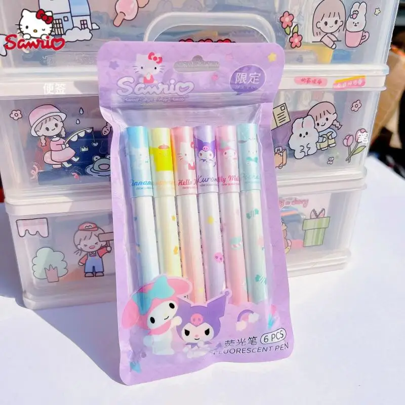 

6Pcs Sanrio Highlighter pen Cartoon Hello Kitty Cinnamoroll Kuromi Watercolor Pens Slant Head Markers Stationery Gift