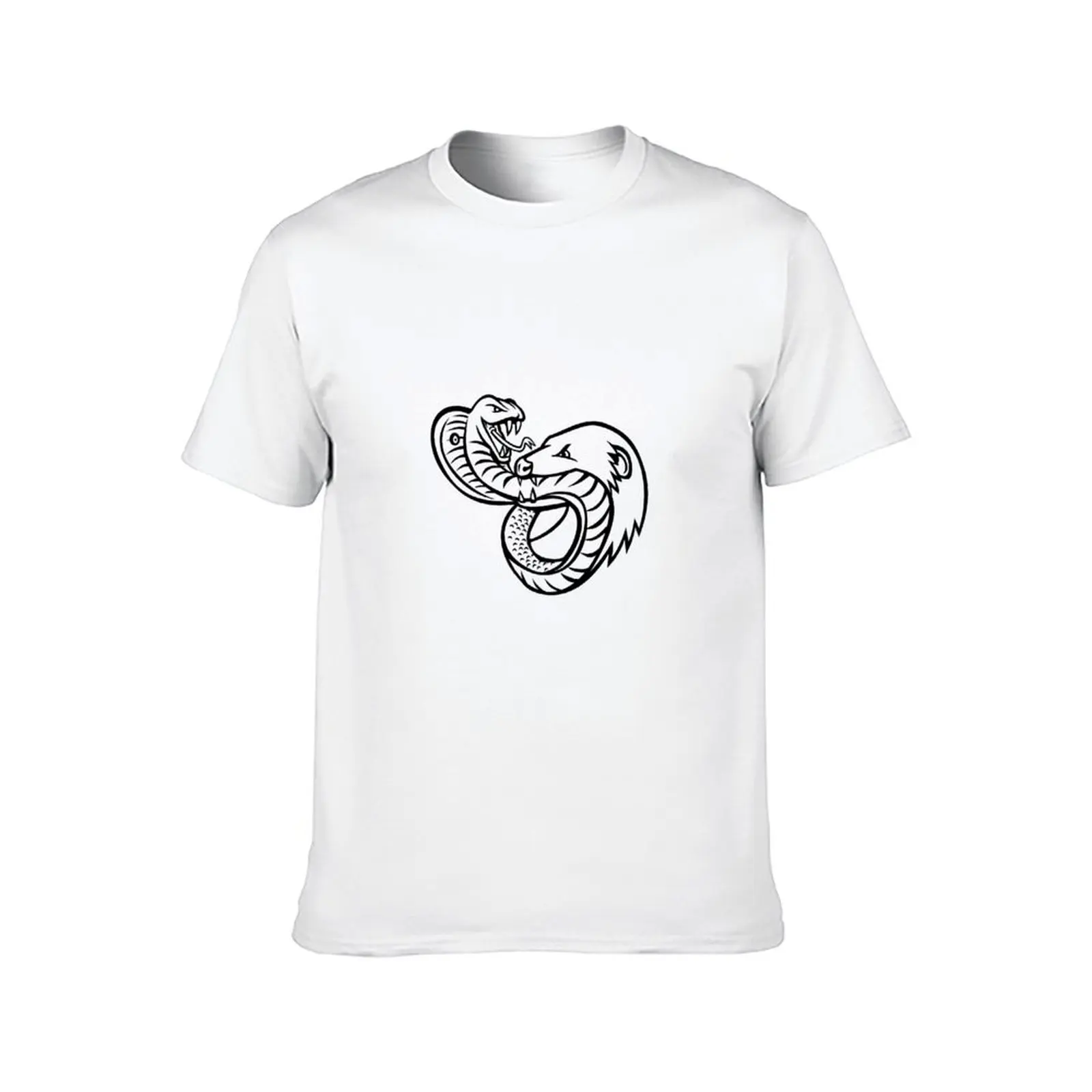 King Cobra Snake and Mongoose Fighting Biting and Attacking Mascot Retro Black and White T-Shirt