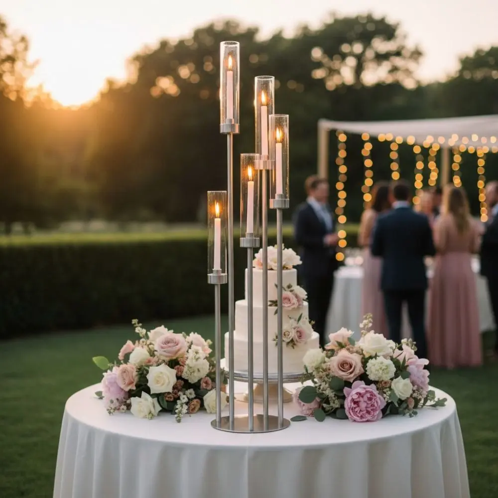 Removable Acrylic Lampshade 5 Arm Floor Candelabra Long Pole Metal Tall Candle Holder Gold/Silver Wedding Candlestick Party