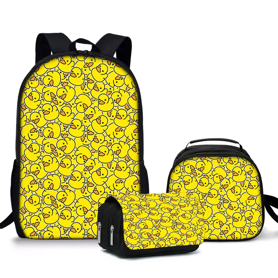 3 Pcs Set Yellow Duck Round Lunch Bags ,Flip Pencil Bags ,School Bags for Boy/Girls Best Gifts 2D Cartoon Backpack for Children