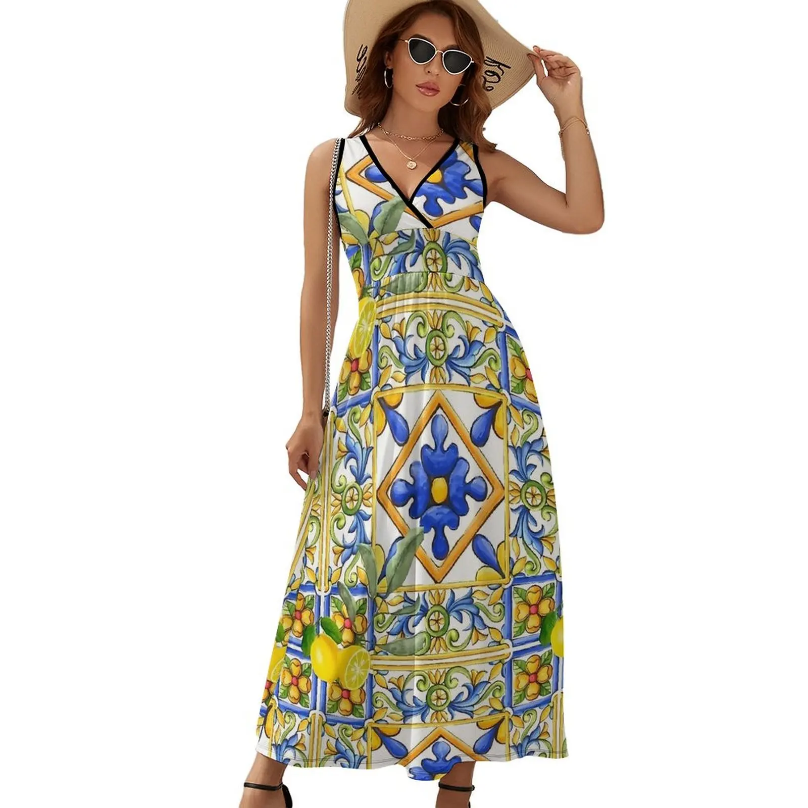 Majolica Lemon Dress Citrus Flowers Tiles Night Club Maxi Dress Street Style Boho Beach Long Dresses High Waist Oversize Vestido