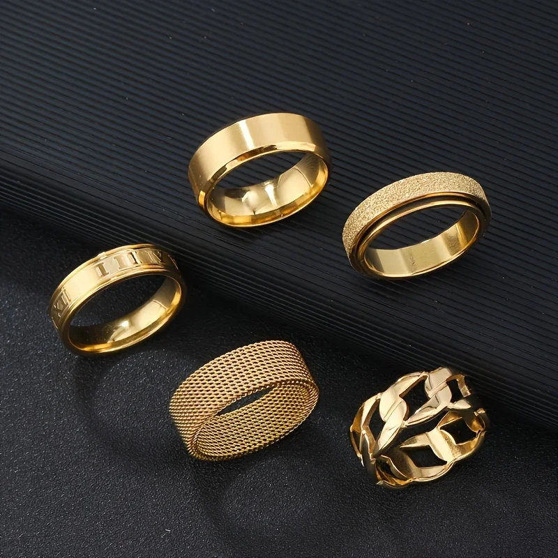 Fashion Stainless Steel Ring Set 5 Pieces of 18K Gold Plated Rotatable Decompression Rings, Men's Hip Hop Hollow-Out Design