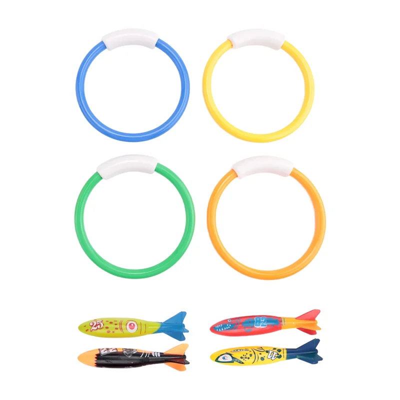 Anelli per immersione subacquea per piscina da 8 pezzi, banditi Torpedo da lancio per immersioni per set regalo per bambini. Addestramento alla immersione per l'apprendimento