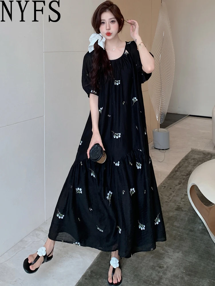 NYFS 2024 Summer New Korea Woman Dress Vestidos Robe Elbise Loose Plus Size Short Sleeve Embroidered Floral Long Dresses