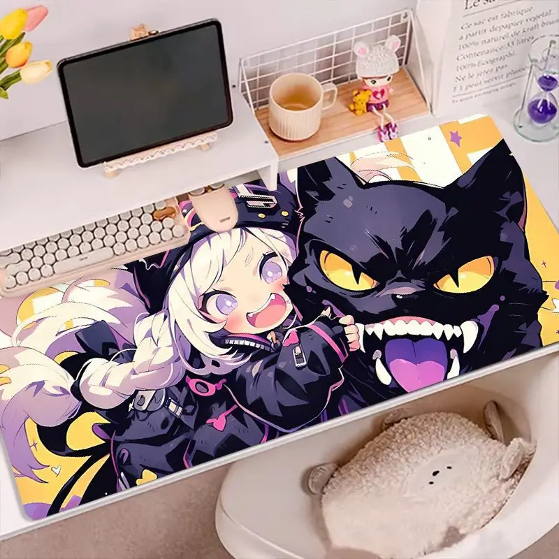 

Корейский коврик для мыши XXL из искусственной кожи с изображением аниме-девушки и черной кошки, для киберспорта, игр, клавиатуры, студенческого общежития, декора рабочего стола