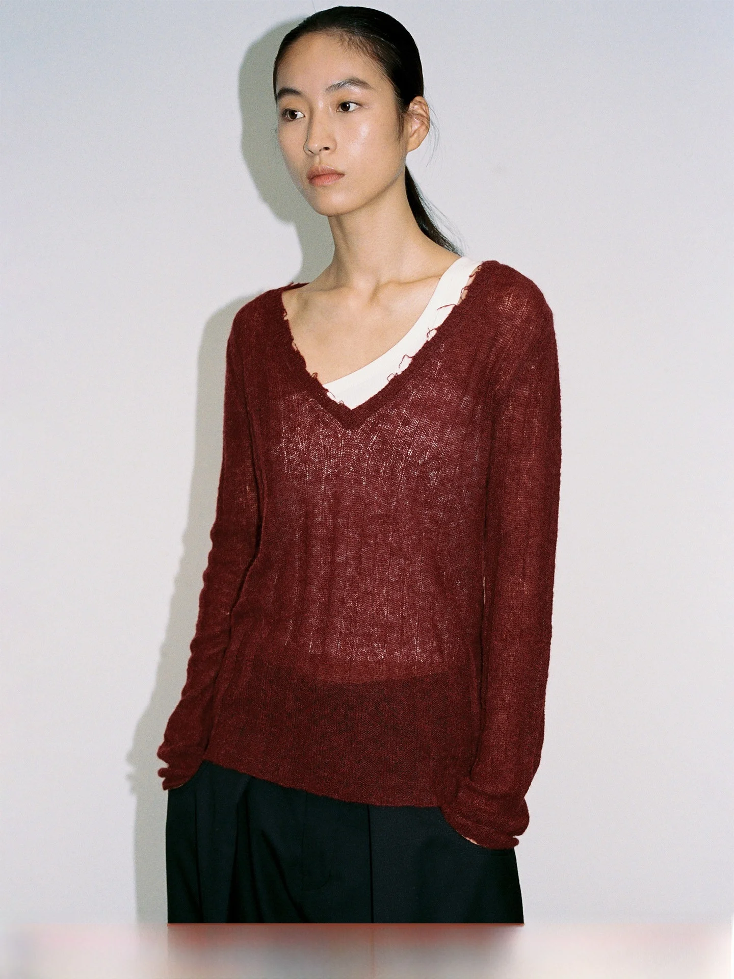 

Autumn New Alpaca Wool Blend Long Sve V-Ne Frayed Design Casual Loose Fit Knitted Sweater for Women Ultra Soft