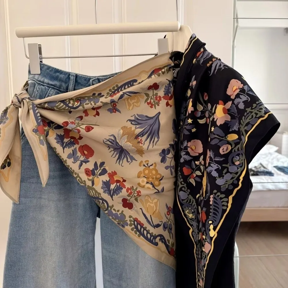 

New Multi-functional Floral Triangle Scarf Matching Pants Silk Satin Women's Necktie Waist Belt Summer