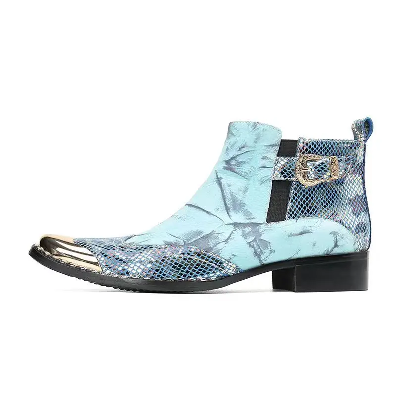Coogerlove Punk-Stil Männer blau Echt leder Stiefel Metall quadratische Zehen Schnalle Niet Motorrad Stiefel Winter männliche Party Stiefel – Detail 17