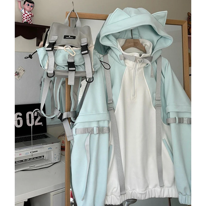 Damska bluza z kapturem Anime Lolita, patchworkowa, subkulturowa, słodka streetwearowa, z długim rękawem, luźna, codzienna, z kocimi uszkami, odzież wierzchnia.