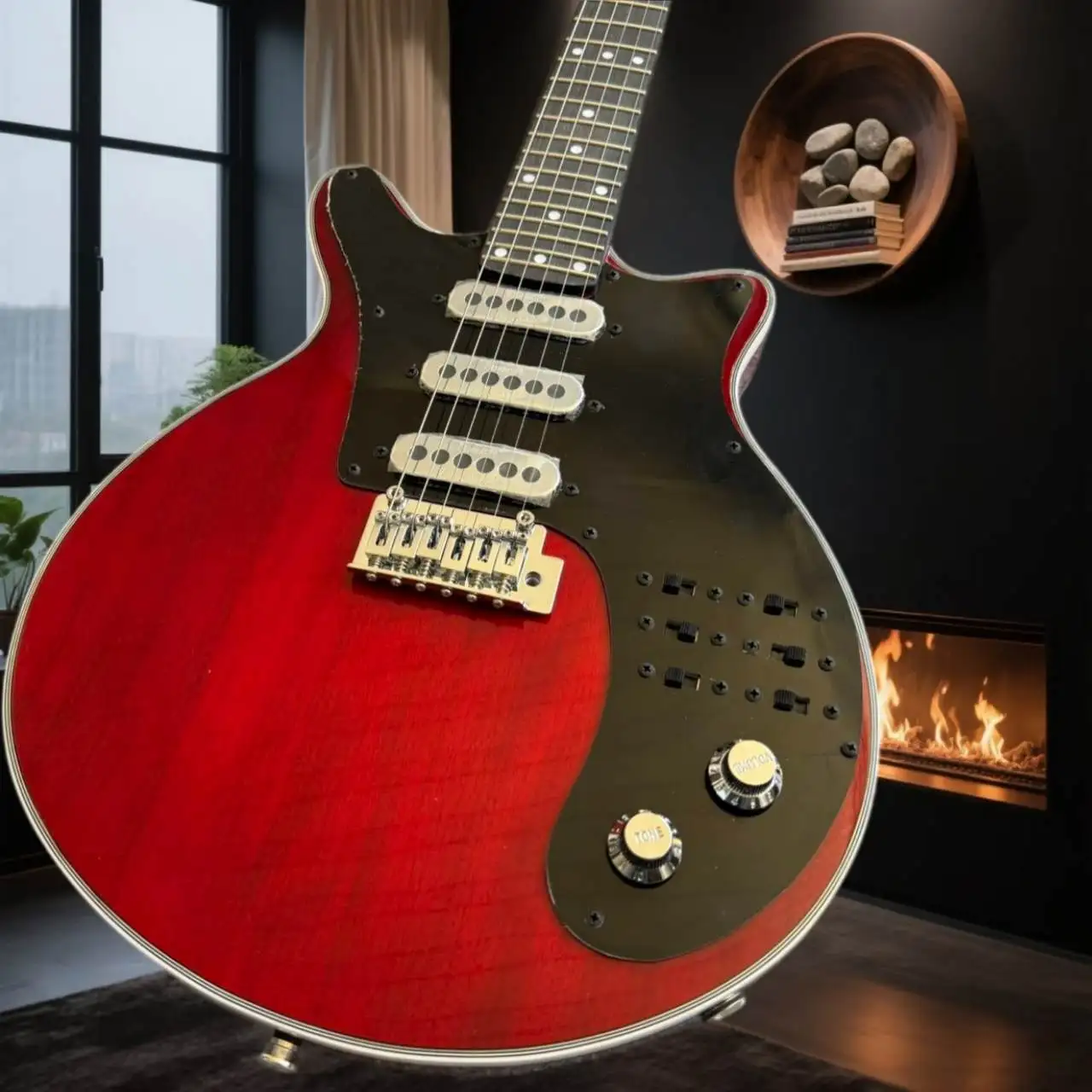 Trans Red Brian May Electric Guitar Tremolo Bridge Dual Single Coil Bright Tone Pop Funk Stage Performance Musician Friendly