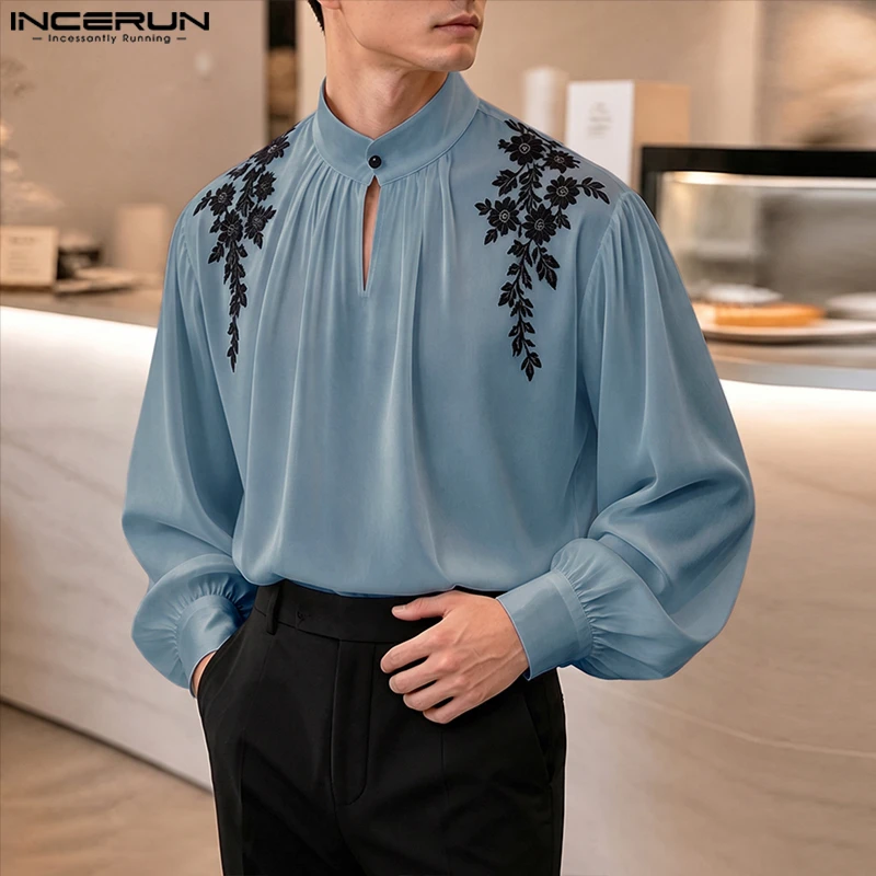 INCERUN Herrenhemd mit Stickerei, Stehkragen, Langarm, Elegante Herrenbekleidung, Streetwear, Modische Freizeit-Oberteile für Männer, Camisas
