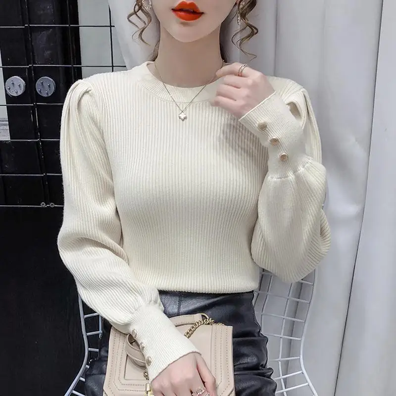 Autumn Winter New Women\'s Striped O-Neck Button Spliced Knitted Sweaters Fashion Casual Loose Pullovers Puff Sleeve Tops