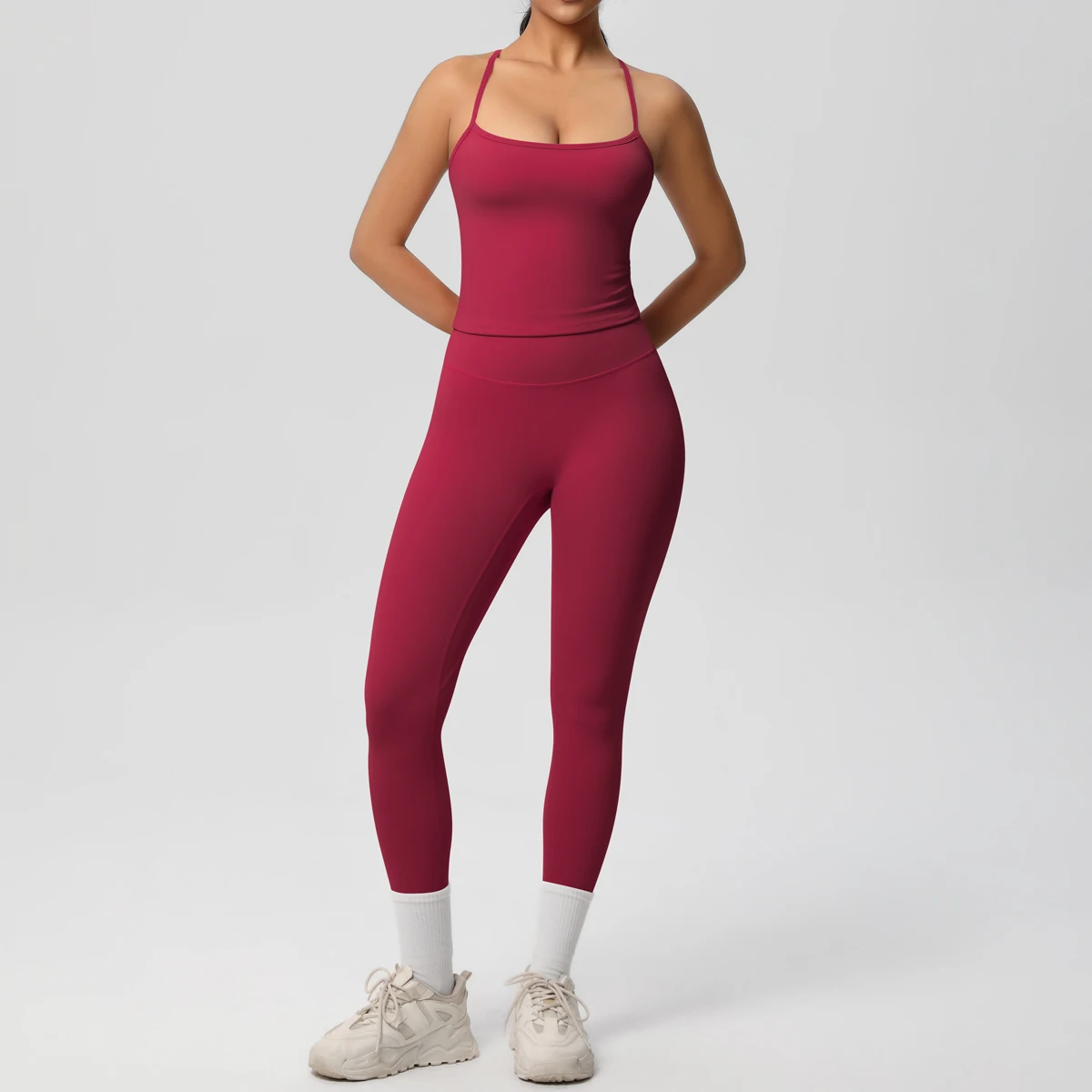 Hochelastisches, sexy, rückenfreies Yoga-Oberteil und -Hose, stoßdämpfendes Lauf-Yoga-Tanktop, einfarbige, schnell trocknende Yoga-Leggings – Detail 28