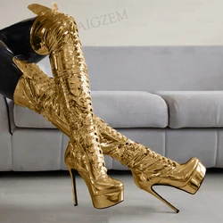 LAIGZEM Women Over Knee Boots Side Zip Up Thin High Heels Boots Platform Party Ladies Club Shoes Woman Plus Size 41 43 46 50 52