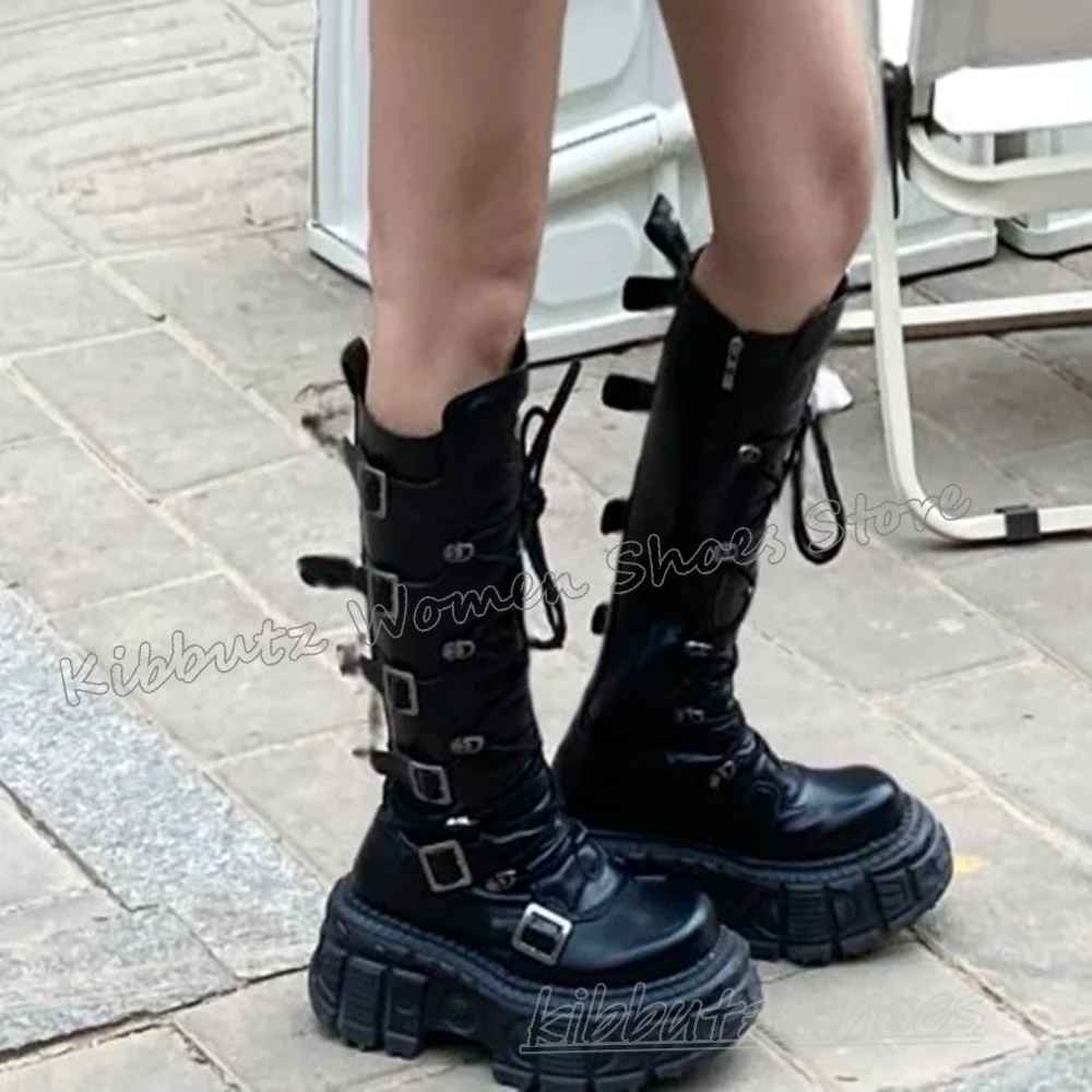 

Мотоциклетные ботинки до колена с пряжкой на ремне в стиле рок-панк, круглый носок, толстая подошва, роскошная кожаная однотонная модная пикантная женская обувь, новинка