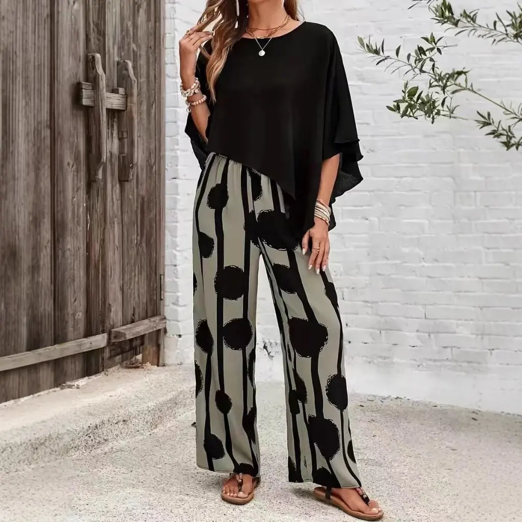 

Spring Summer New Loose Casual Retro Women's Top And Wide-Leg Pants Set European American Style Printed Suit for