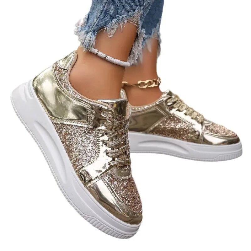 Spring and Autumn Casual Vulcanized Shoes Women Fashion Sequin Platform Sneakers Large Size Lace Up Skate Shoes Tenis De Mujer